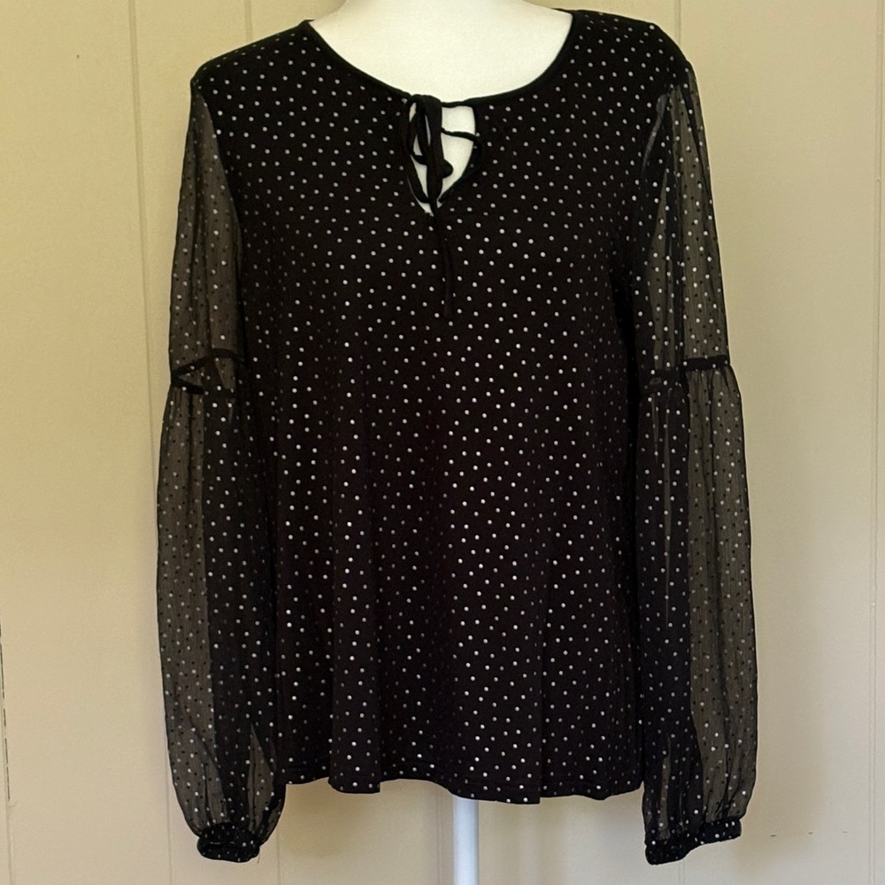 Boden Black Polka Dot Blouse with Sheer Sleeves